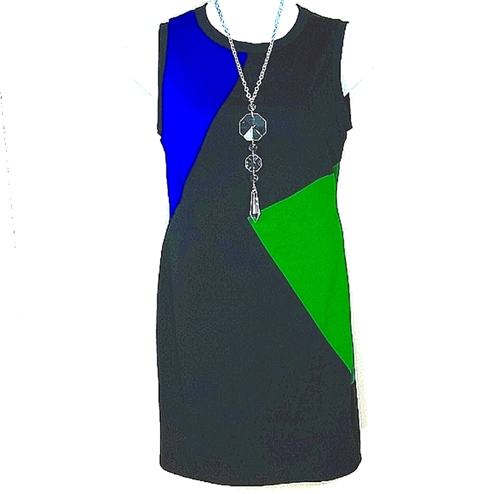 Sundress color block bodycon stretch midi black blue green tank crewneck